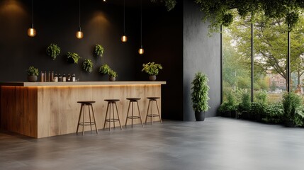 Poster - This modern bar area features minimalist design aesthetics with a focus on natural lighting, greenery, and a clean, open ambiance suitable for social gatherings.