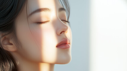 Aufkleber - 若い綺麗なアジア人女性モデルの横顔。日差しを浴びて輝いている美肌にフォーカスした美容ポートレート。