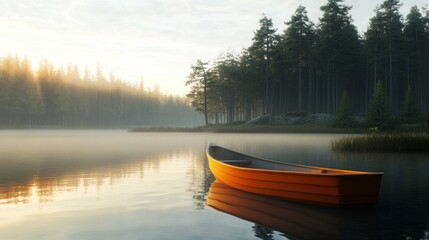 Poster - A small orange boat sits in a lake, with the sun setting in the background