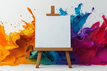 Aufkleber - Blank canvas surrounded by vibrant splashes of red, blue, and yellow paint, symbolizing creativity, freedom, and artistic expression in a dynamic setup, Generative AI