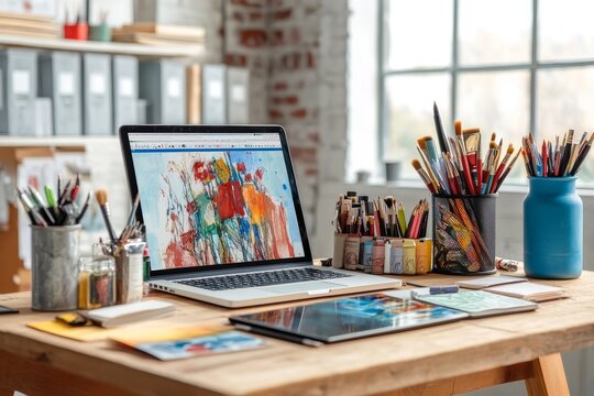 Creative workspace with colorful art supplies and computer displaying vibrant artwork in a bright studio setting