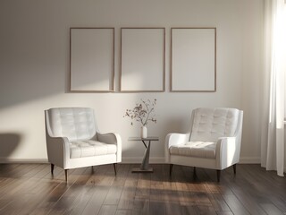 A minimalist living room setting. There are two white, tufted armchairs placed side by side on a wooden floor. Between the chairs, there's a sleek, modern table holding a vase with dried branches. 