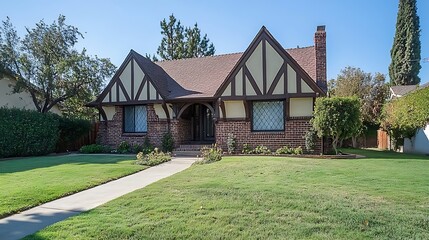 A charming brick house with a gabled roof and manicured lawn.