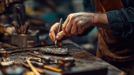 Poster - A man is working on a piece of jewelry