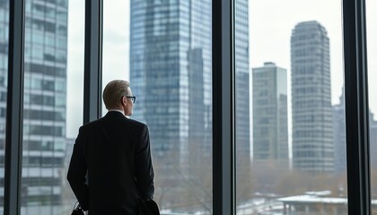 photo of a businessman looking out of a glass window, a view of a tall building in front of him