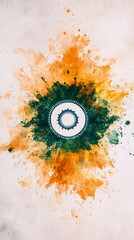 Poster - Dynamic vertical social media banner India Republic Day scene with saffron and green splashes of paint across a neutral white background, accented by minimalist blue Ashoka Chakra symbols.