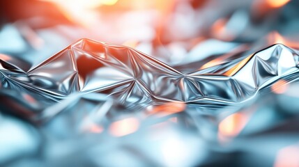 Poster - A close-up view of a crinkled metallic foil surface, dramatically reflecting vibrant orange and blue hues, creating a mesmerizing abstract design full of energy.