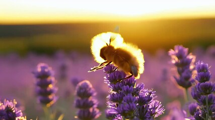 Wall Mural - blooming lavender flowers sunset delicate process pollination tranquil summer setting bee lavandula field flower purple honey pollen closeup natural plant garden harvest organic meadow blossom