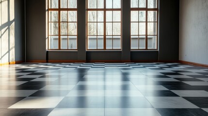 Aufkleber - A room featuring large windows and black-and-white checkered floor tiles, capturing the essence of minimalist design and a peaceful atmosphere with subtle shadows.