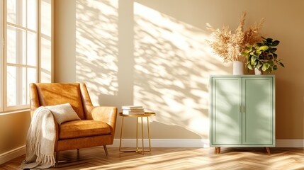 Poster - An inviting living space with a cozy chair, soft shadows, and decorative plants, all enhanced by warm sunlight gently streaming through large windows, creating harmony.