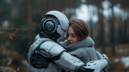 Wall Mural - unconventional love: woman embracing humanoid robot in misty forest
