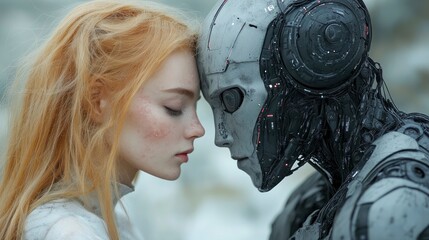 Wall Mural - tender connection: redhead woman and futuristic robot in intimate moment