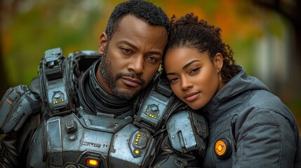Wall Mural - futuristic love: interracial couple in high-tech space suits sharing tender moment
