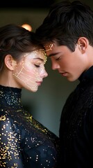 Wall Mural - luminous love: young couple with glowing facial circuitry in intimate embrace