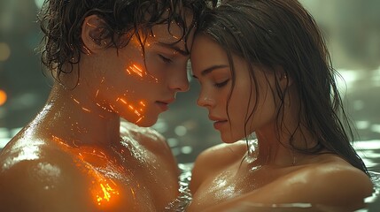 Wall Mural - luminous attraction: couple with glowing circuits in intimate water scene