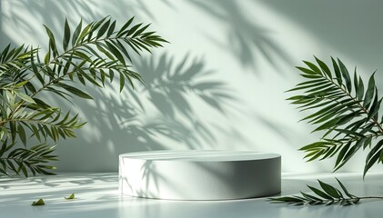 Wall Mural - Background with concrete pedestal, palm leaves for product presentation with beautiful lights and shadows