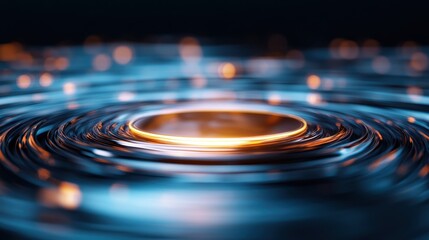 Poster - A captivating abstract image of a ripple effect emanating from a glowing center on a dark, smooth surface, symbolizing energy and motion.