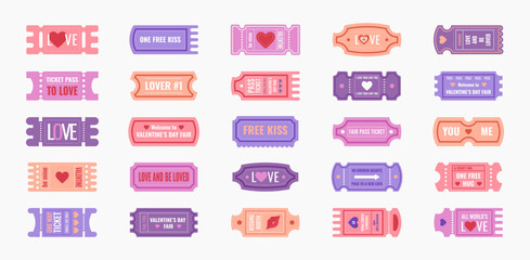 Poster - Valentine day tickets and coupons, funny and romantic stickers with text greetings and love confessions, Valentine's Day fair tickets. Vector illustration.