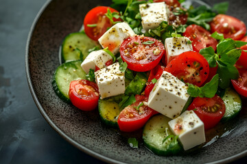 fresh vegetable salad with tomatoes, cucumbers, and feta cheese. greek salad variation, ideal for he