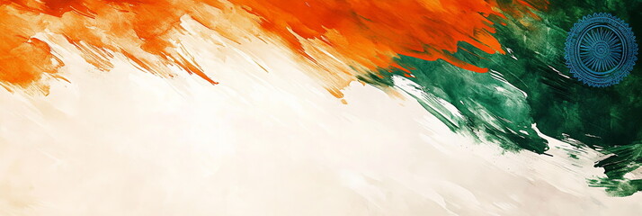 Poster - Vibrant wide horizontal web banner India Republic Day design with fluid, watercolor-style brush strokes in saffron, white, and green, accented with a stylized blue Ashoka Chakra in the corner.