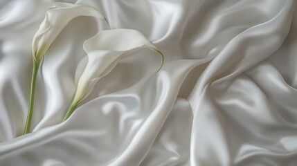 Wall Mural - Elegant White Calla Lilies Resting on Soft Silky Fabric, Capturing the Essence of Grace, Purity, and Natural Beauty in a Serene Floral Arrangement