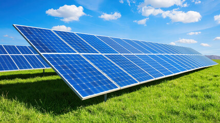 Wall Mural - energy stock renewable clean energy. .Solar panels in green field under bright blue sky