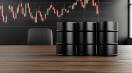 Wall Mural - energy stock investment fossil. a sleek, modern office scene featuring black cylindrical objects in 
