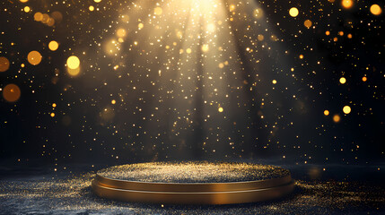 Wall Mural - Elegant black podium stage with gold award, glittering lights, 3d platform, golden pedestal, black background, abstract design, spotlight effect, confetti night scene. Opulent. Illustration