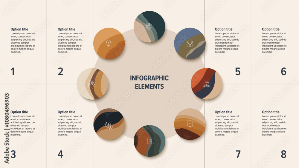 Business process chart infographics with 8 step circles. Round workflow ...