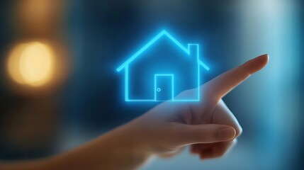 Poster - A hand interacting with a glowing house icon, symbolizing technology and home automation.
