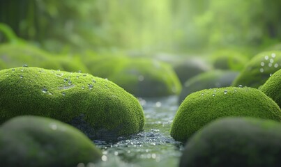 Sticker - Moss-covered boulders, sparkling water droplets, tranquil forest, 3D illustration