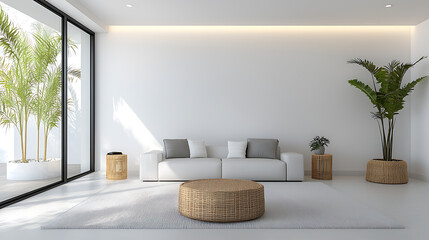 Poster - Tropical interior design with monstera deliciosa modern living room minimalist style bright environment contemporary feel