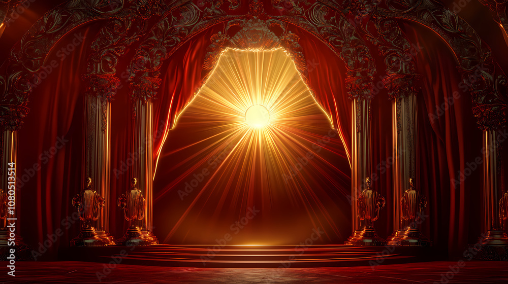 Opulent award ceremony backdrop, dark red theater stage, golden ...