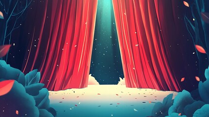 Poster - A serene stage with red curtains, illuminated by soft light, surrounded by gentle foliage.