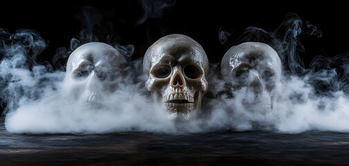 Sticker - Skull Fog In Dark Halloween Background - Real Mist On Black Floor