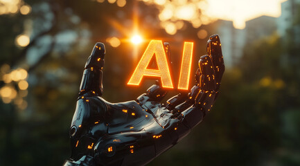 Poster - A robotic hand holds the word AI in the air, with a blurry city skyline and sunset in the background