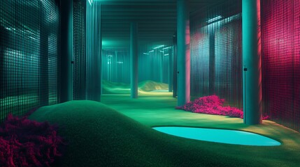 Poster - A surreal, colorful interior space with glowing lights and textured landscapes.