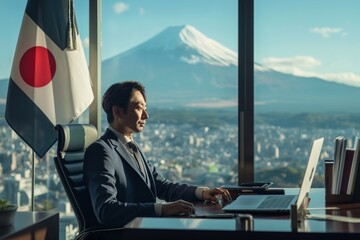 Poster - A professional working diligently in an office environment, showcasing a breathtaking view of Mount Fuji, embodies dedication and a strong work ethic, symbolizing success in the business world