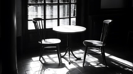 Poster - A serene black-and-white scene featuring a round table and two chairs, illuminated by soft light through a window.