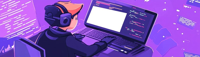 A young programmer wearing headphones is coding on their laptop.