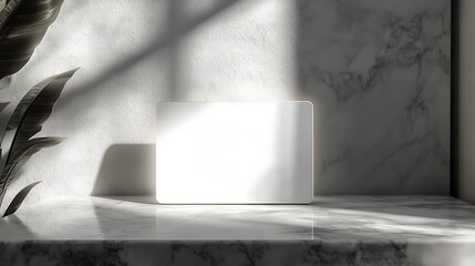 Poster - A minimalist scene featuring a blank rectangular object on a marble surface with soft shadows and plant elements.