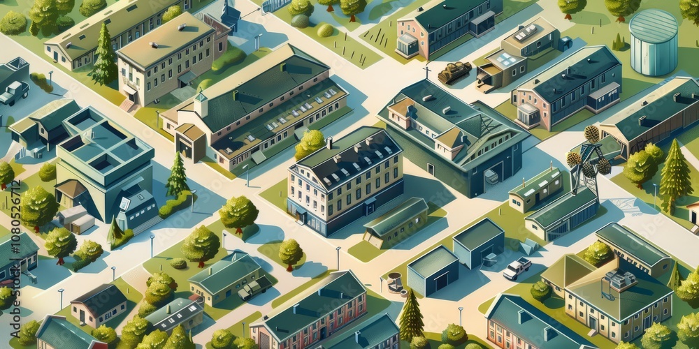 Colorable Military Base Military base with barracks, vehicles, and training grounds, simple ...