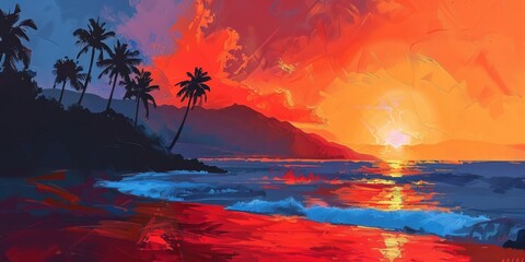 Wall Mural - a painting of a beach with a sunset in the background. the sky is orange and the water is blue. the 