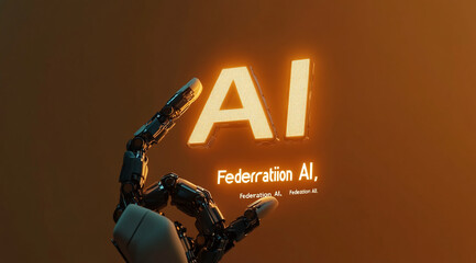 Aufkleber - A robotic hand points at the word AI, glowing brightly against an orange background. This is a visual representation of the future of technology