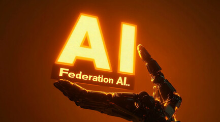 Poster - A robotic arm holds up a glowing sign that says AI Federation Al. The sign is illuminated against a dark orange background