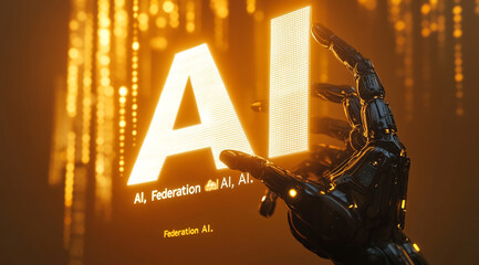 Poster - A robotic hand reaches towards a glowing AI sign