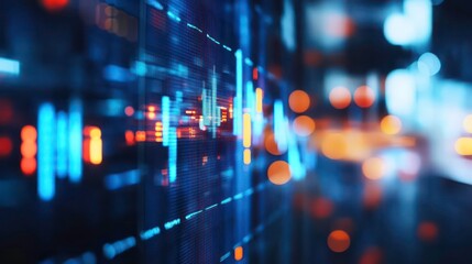 Poster - View of stock market expansion, business investment, and data analysis concept featuring digital financial charts, graphs, and indicators against a dark blue blurred background