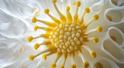 Poster - A close-up view of a delicate white flower, showcasing its intricate yellow stamen and textured petals.