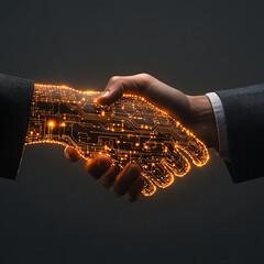 Poster - Two hands, one human and one made of glowing circuit boards, shake hands, symbolizing the partnership between humans and technology
