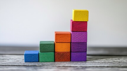 Aufkleber - Colorful wooden blocks stacked in a staircase pattern on a wooden table, representing growth and success.
